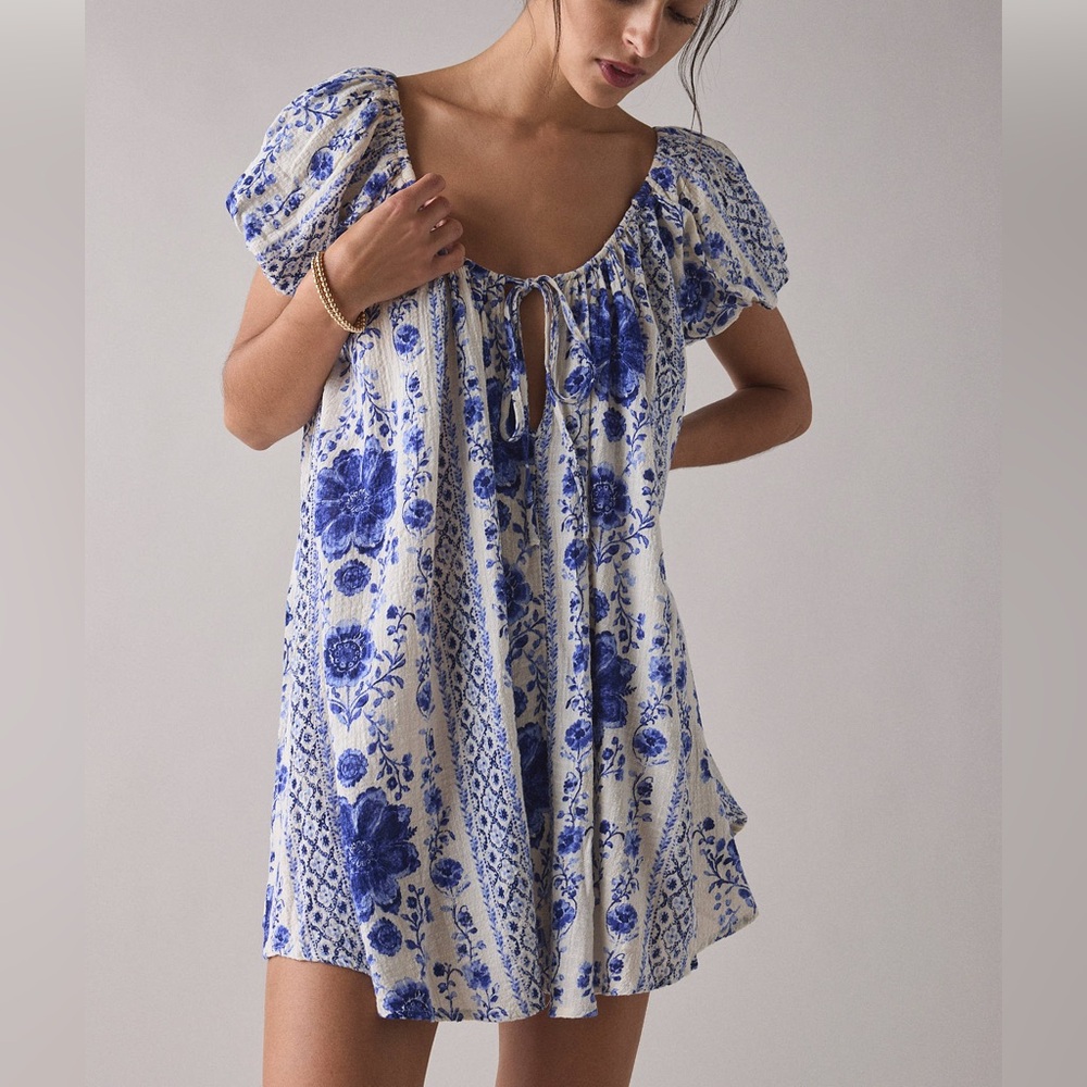 URBAN OUTFITTERS- Out From Under Amara Cotton-Blend Slip Mini Dress (blue multi)